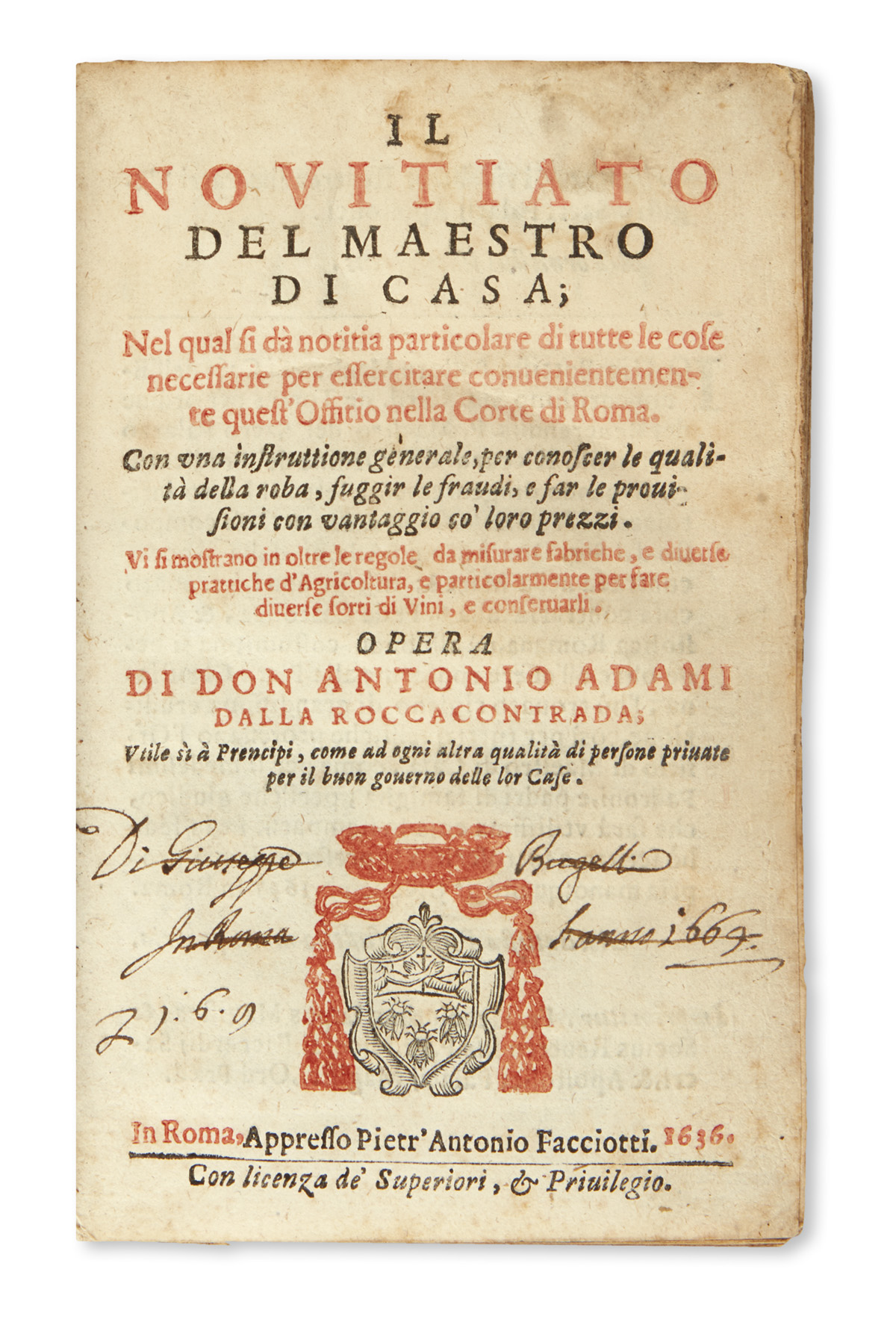 ADAMI, ANTONIO. Il Novitiato del Maestro di Casa.  1636